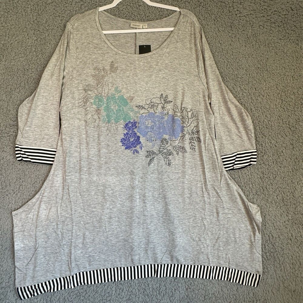 Avenue Womens Floral‎ Heather Gray Stripe Comfort Pullover Tunic Top Size 18 NWT